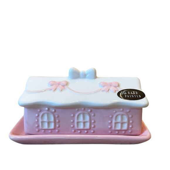 Gingerbread House Covered Butter Dish Hand Painted Pastel Pink & White NEW - Picture 1 of 14